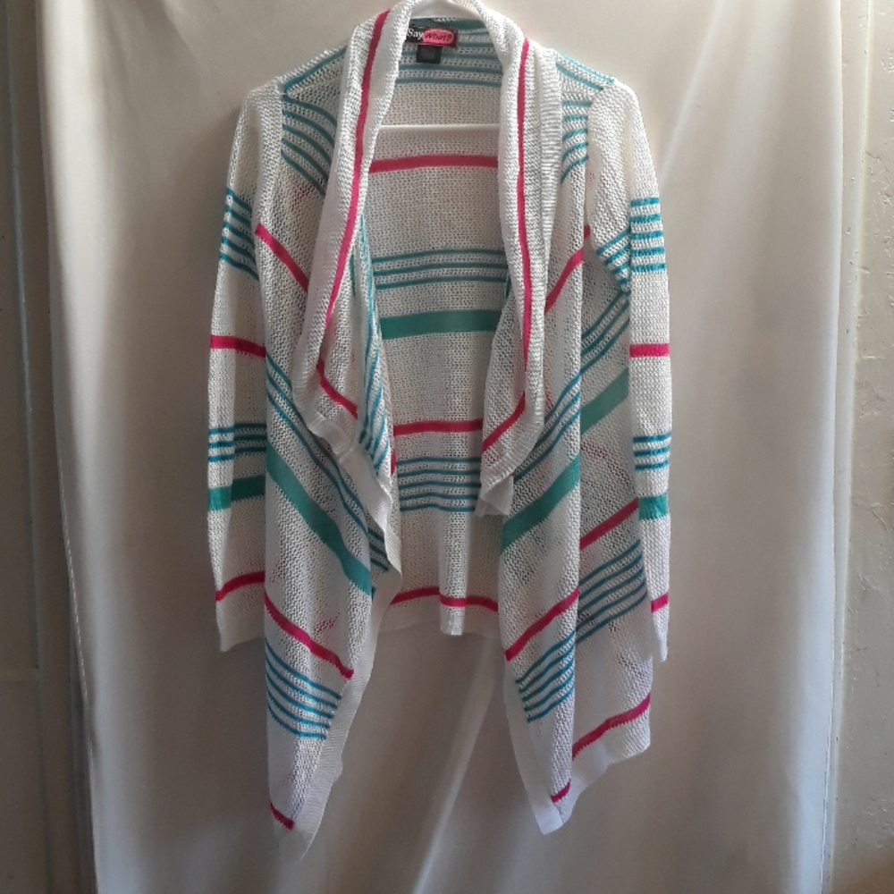 Say what pink, blue, turquoise and white sweater